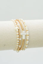 CB2349 4 Piece Glass, Pearl, Cross Bracelet Set: Red