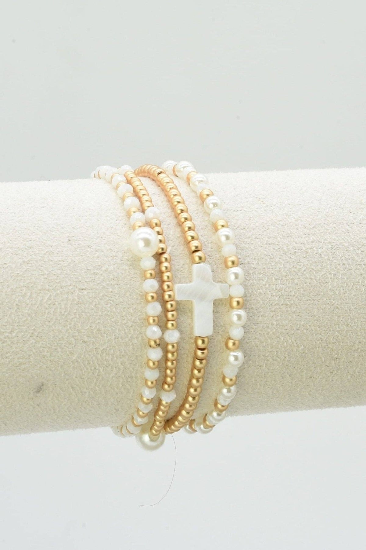CB2349 4 Piece Glass, Pearl, Cross Bracelet Set: Red