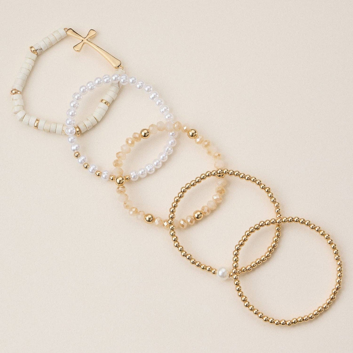 Faith & Cross & Pearl Stretch Bracelet Stack Set