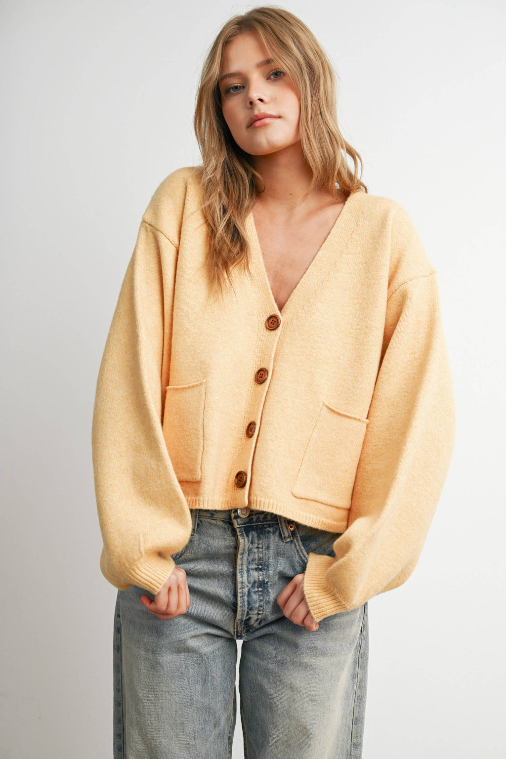 V-Neck Cuff Button-Up Long Sleeve Top - BMC7802: MARIGOLD