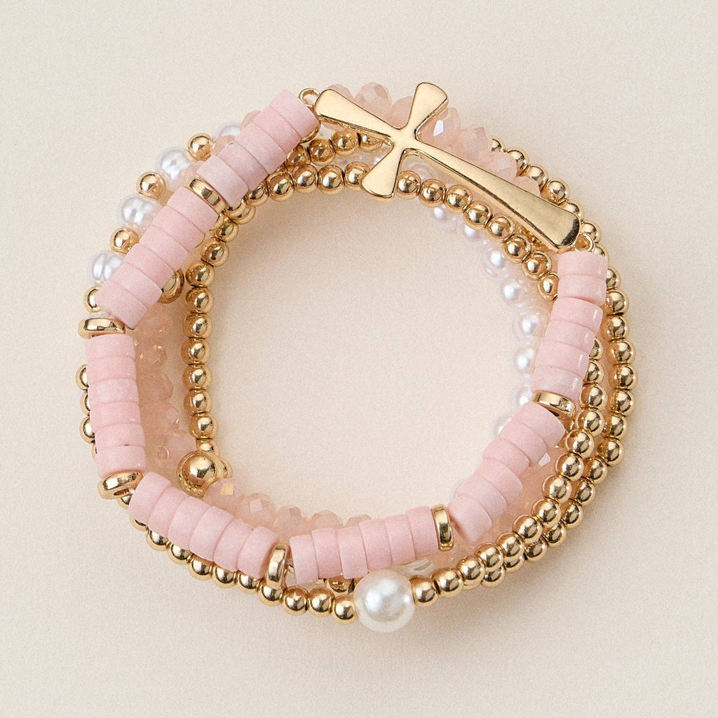 Faith & Cross & Pearl Stretch Bracelet Stack Set