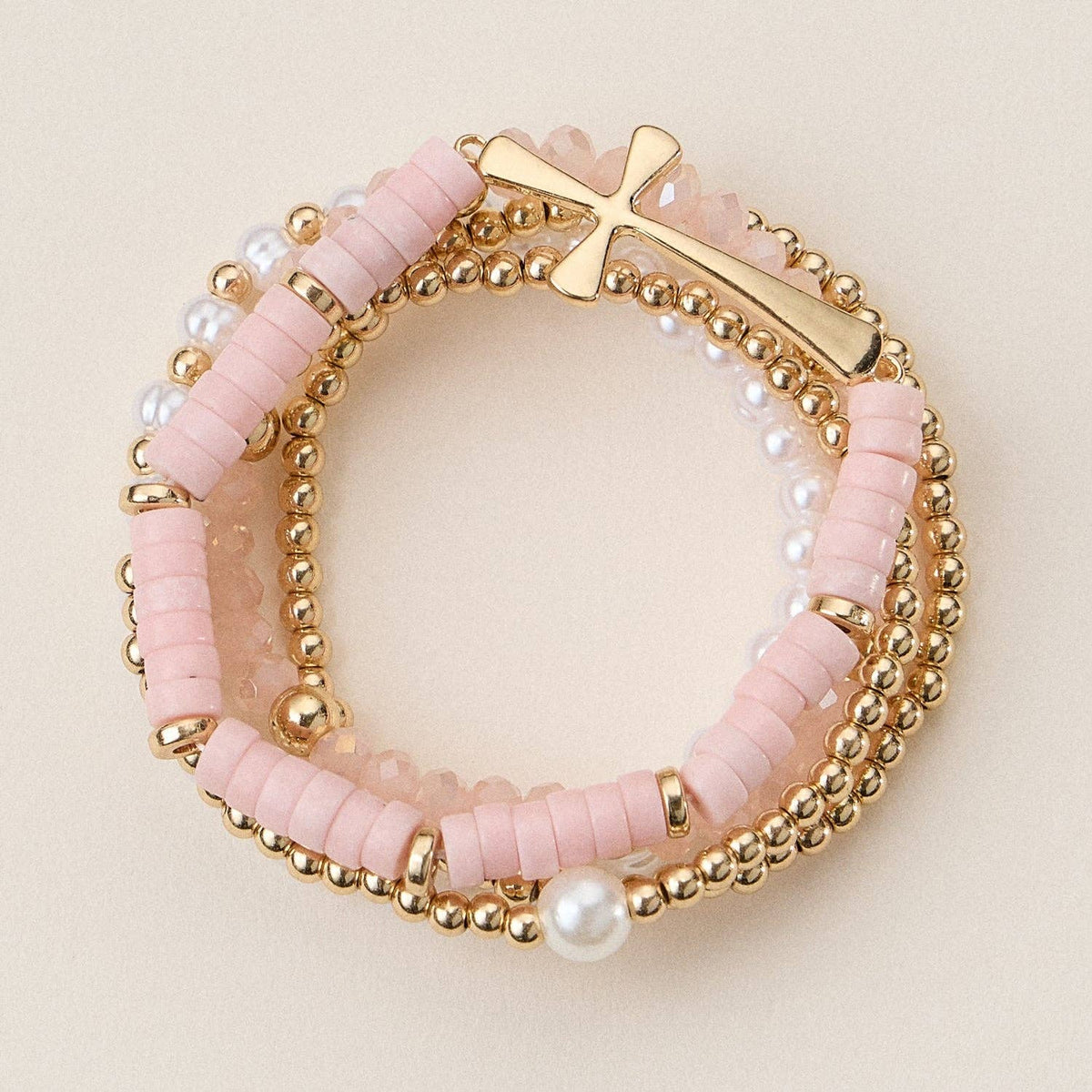 Faith & Cross & Pearl Stretch Bracelet Stack Set