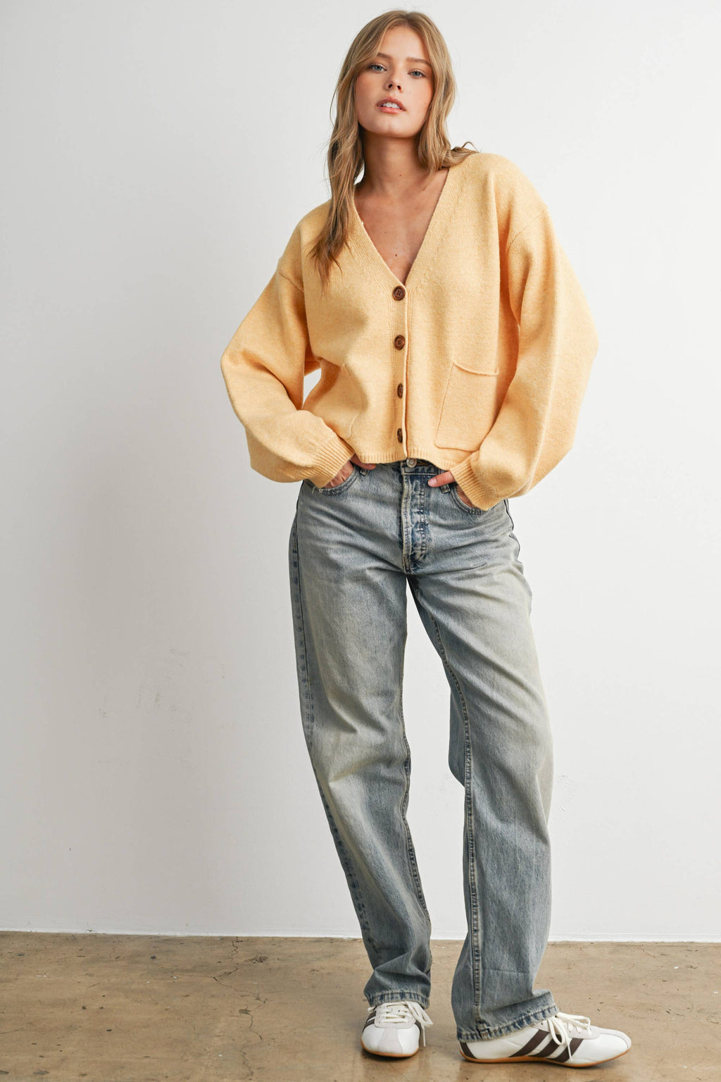 V-Neck Cuff Button-Up Long Sleeve Top - BMC7802: MARIGOLD