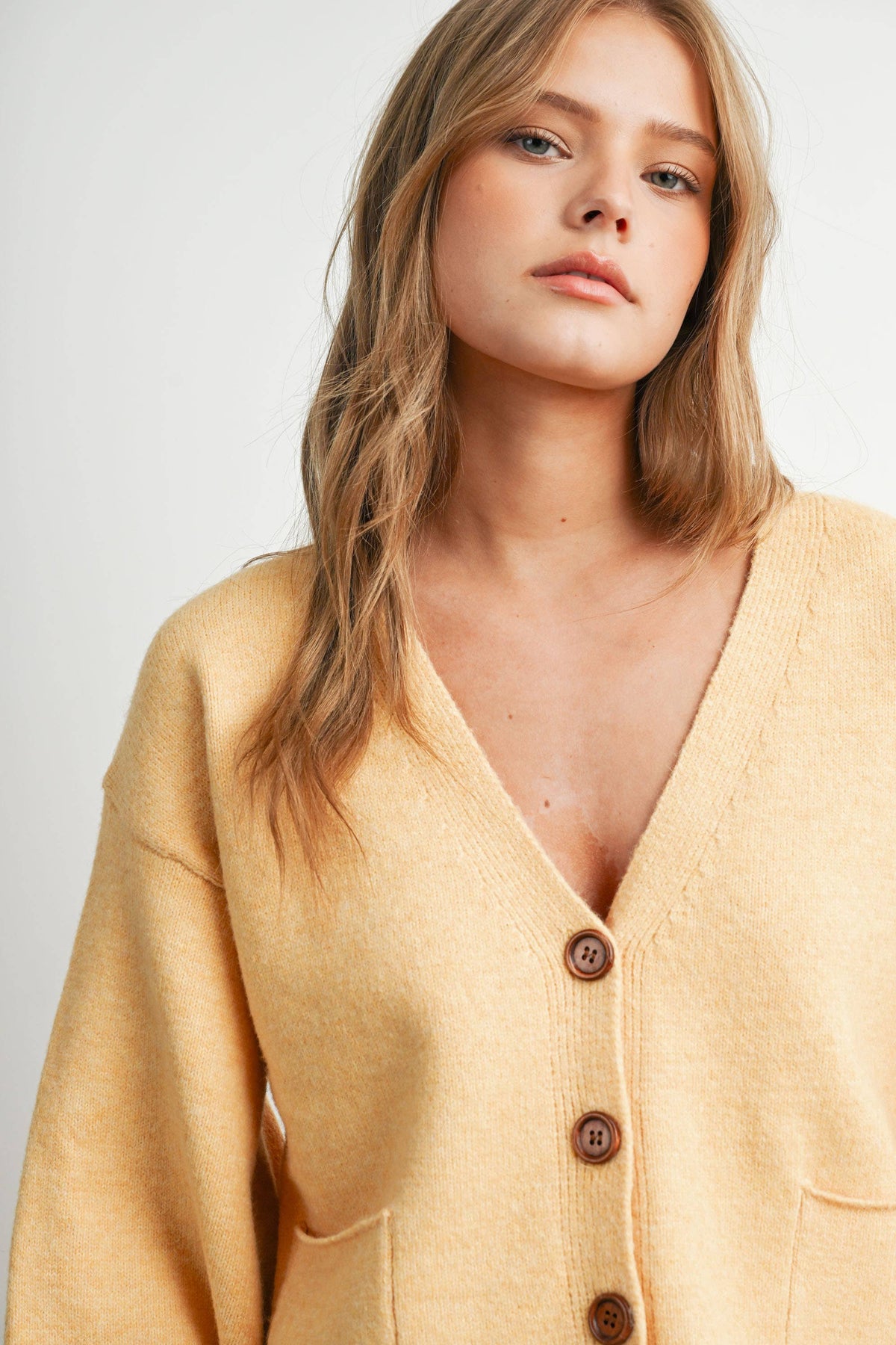 V-Neck Cuff Button-Up Long Sleeve Top - BMC7802: MARIGOLD