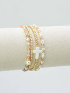 CB2349 4 Piece Glass, Pearl, Cross Bracelet Set: Red