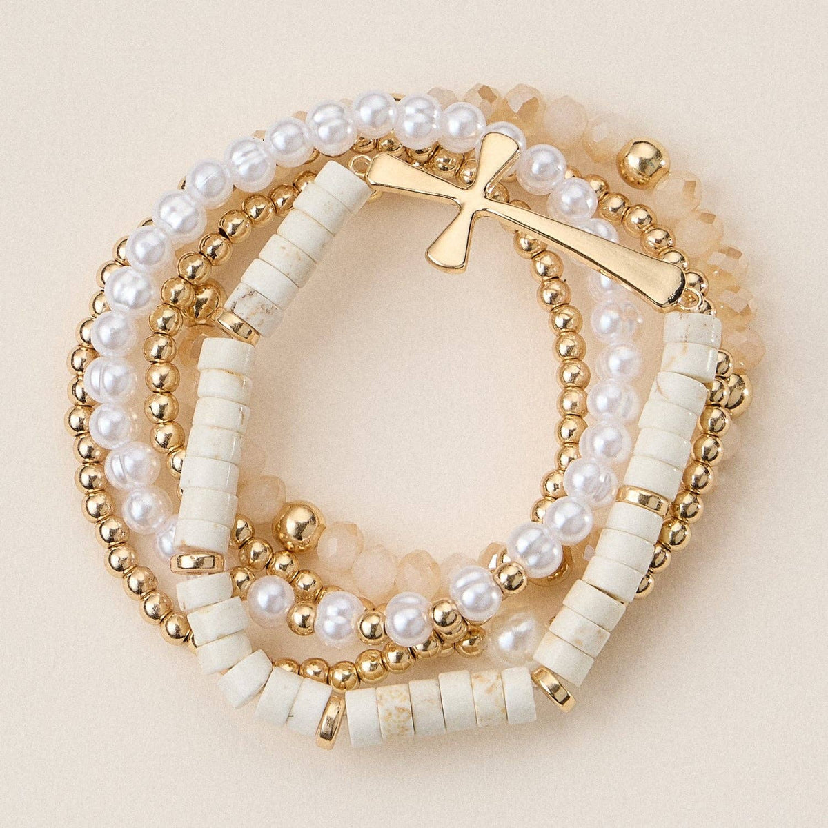 Faith & Cross & Pearl Stretch Bracelet Stack Set