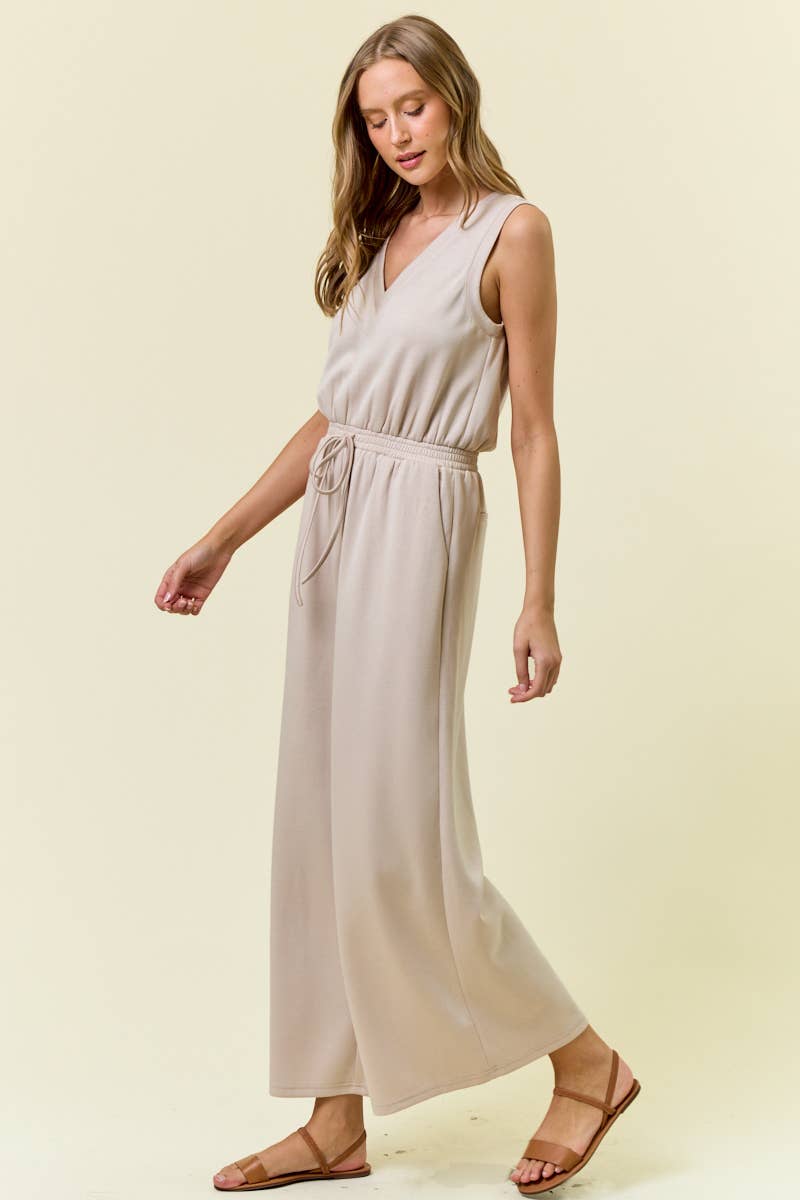 V NECK BRUSHED MODAL WIDE CULOTTE LEG JUMPSUIT - 28087R: OAT