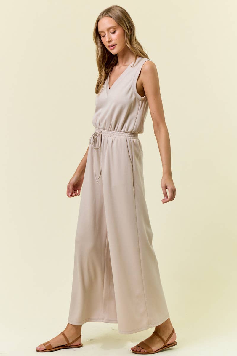 V NECK BRUSHED MODAL WIDE CULOTTE LEG JUMPSUIT - 28087R: OAT
