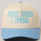 JESUS SAVES I SPEND Embroidery Trucker Hat: SAGE / ONE SIZE