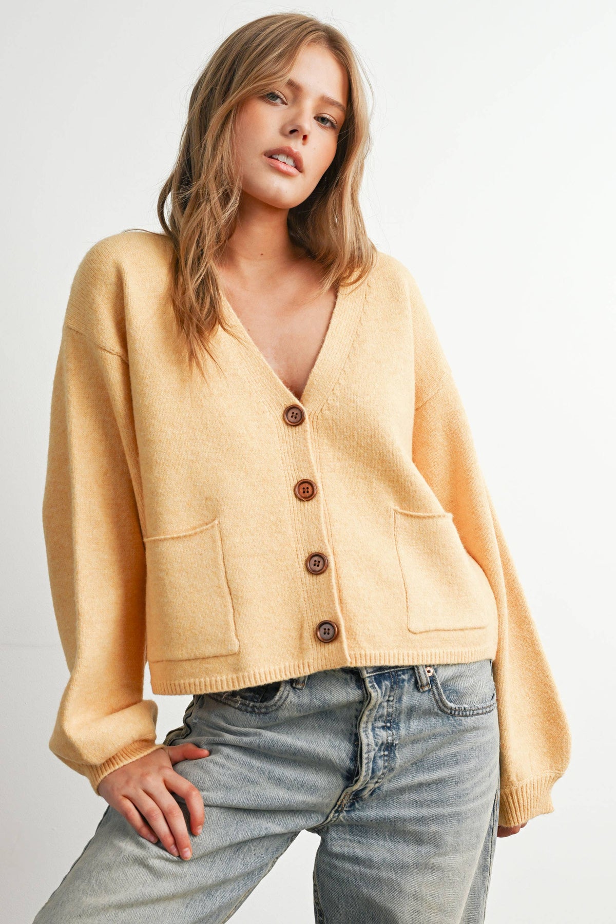 V-Neck Cuff Button-Up Long Sleeve Top - BMC7802: MARIGOLD