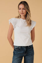 CREW NECK BUBBLE HEM CAP SHORT SLEEVE TOP: OFF WHITE