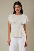 CREW NECK CAP SLEEVE PLEATED WAIST TOP: ASH GREY