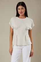 CREW NECK CAP SLEEVE PLEATED WAIST TOP: ASH GREY