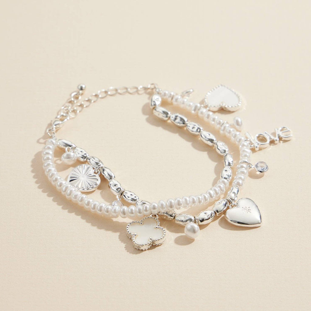 Pearl Charm Layered Bracelet | Heart Clover Love Charms