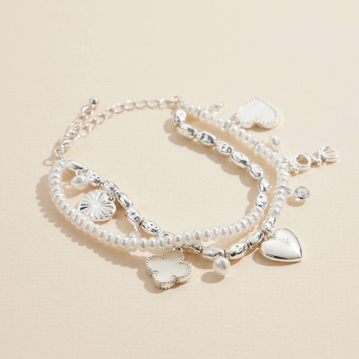 Pearl Charm Layered Bracelet | Heart Clover Love Charms