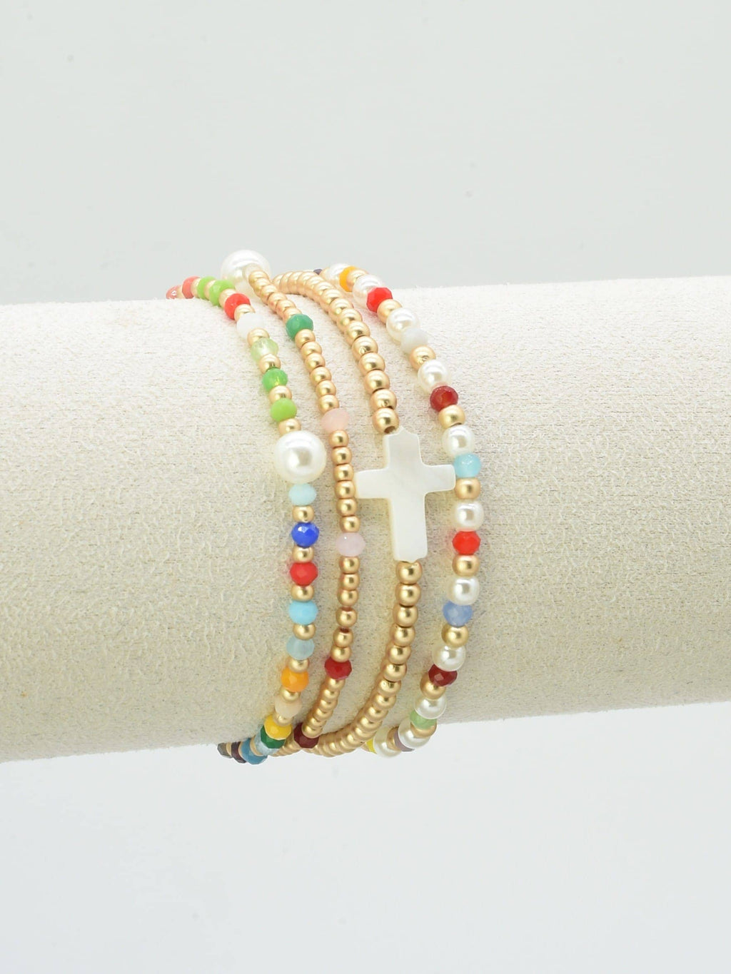CB2349 4 Piece Glass, Pearl, Cross Bracelet Set: Red