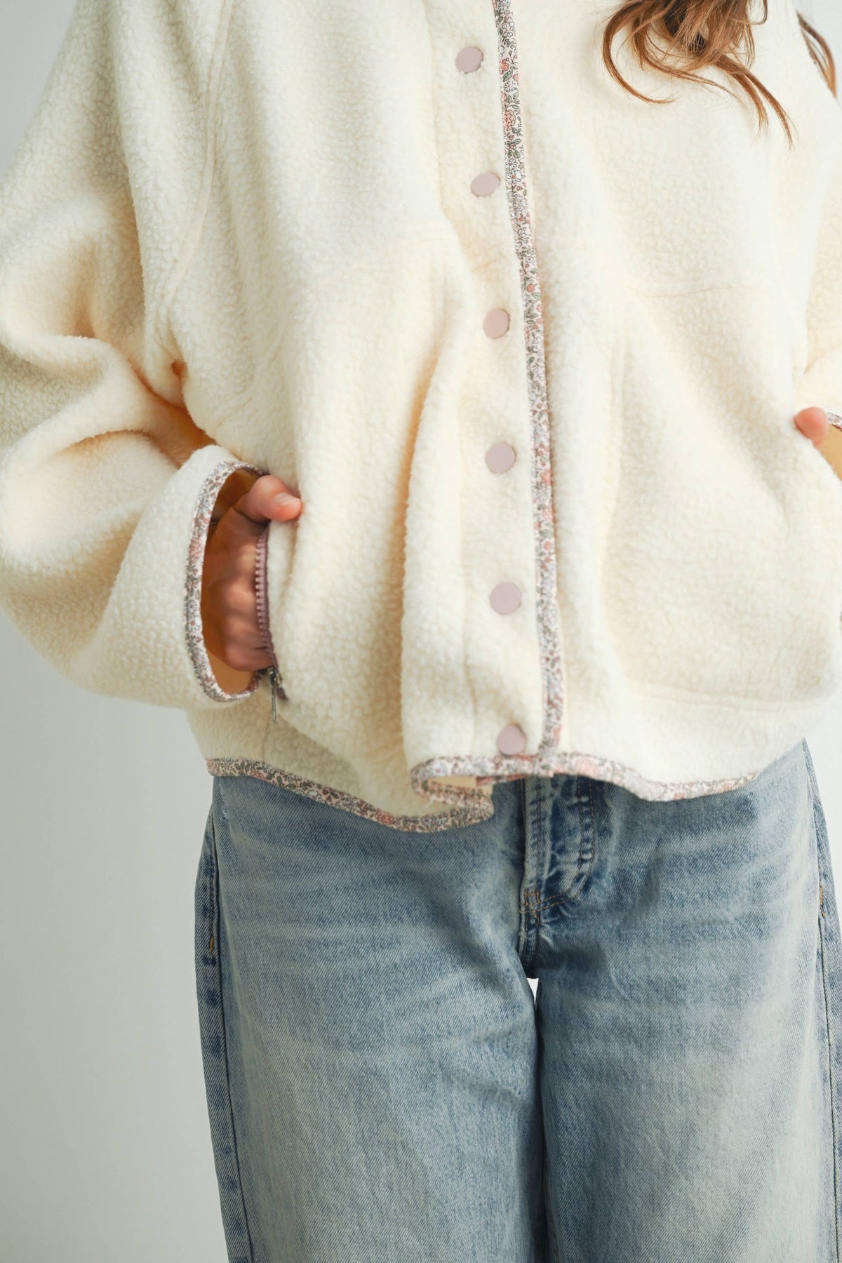 Fall Cozy Snap Mock Neck Sherpa Fleece Jacket - BMJ7547: IVORY / MULTI