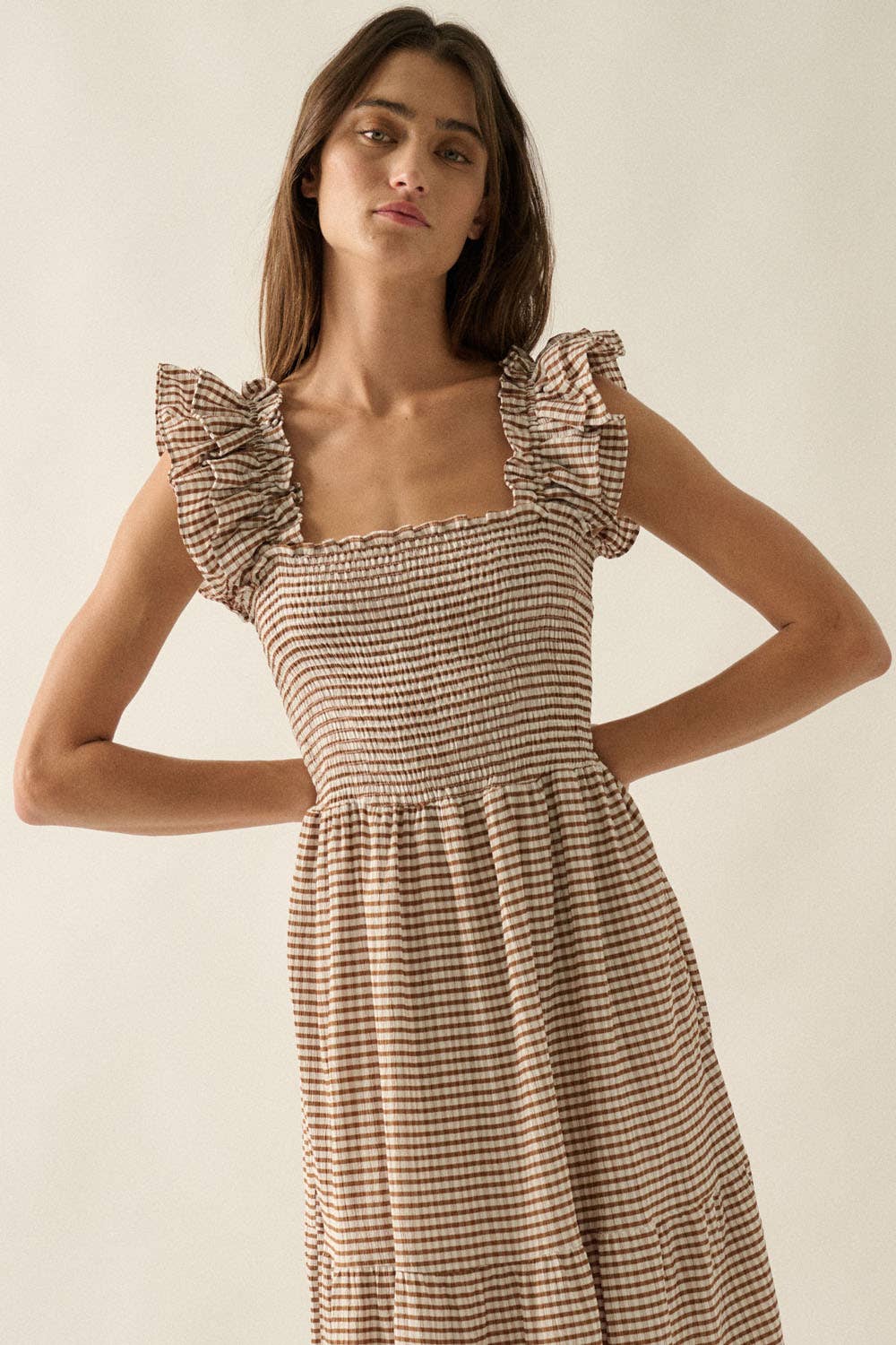 Gingham Plaid Smock Square-Neck Ruffled Maxi Dress: Brown