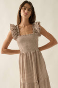 Gingham Plaid Smock Square-Neck Ruffled Maxi Dress: Brown