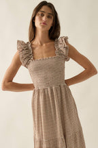 Gingham Plaid Smock Square-Neck Ruffled Maxi Dress: Brown