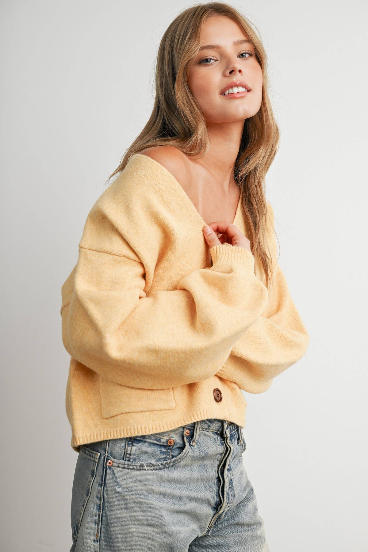 V-Neck Cuff Button-Up Long Sleeve Top - BMC7802: MARIGOLD