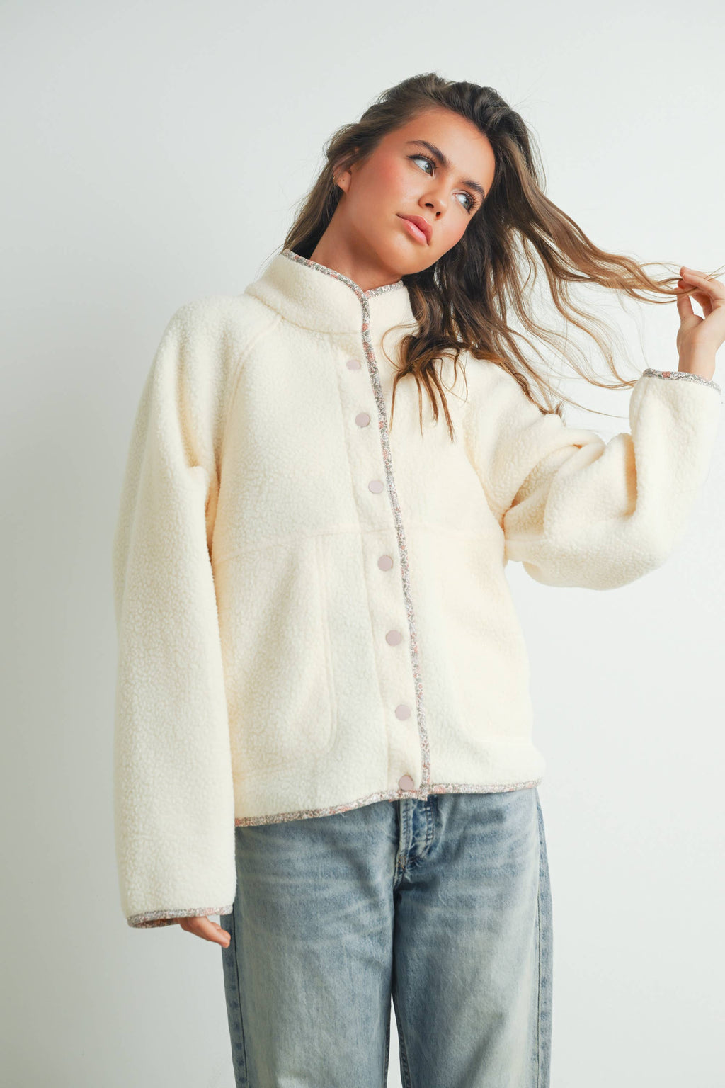 Fall Cozy Snap Mock Neck Sherpa Fleece Jacket - BMJ7547: IVORY / MULTI