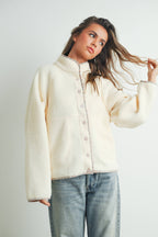 Fall Cozy Snap Mock Neck Sherpa Fleece Jacket - BMJ7547: IVORY / MULTI