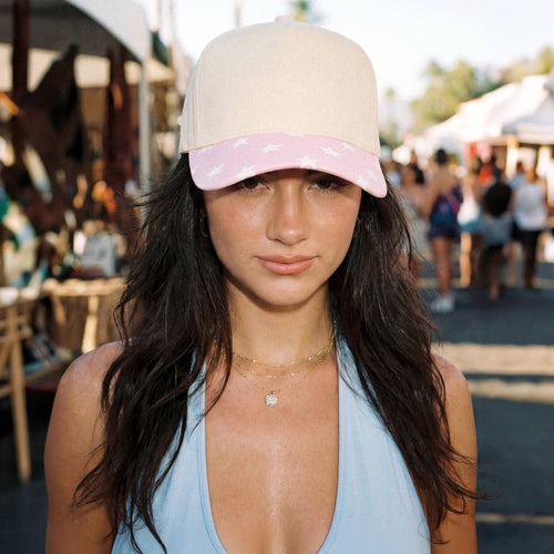 C.C Star Pattern on Brim Two Tone Trucker Hat: Light Pink