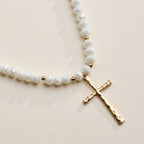 Beaded Cross Necklace with Gold Pendant: WT / ONE