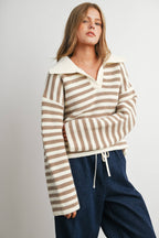 Striped Collared Knit Sweater-BMW8592: IVORY / TAUPE
