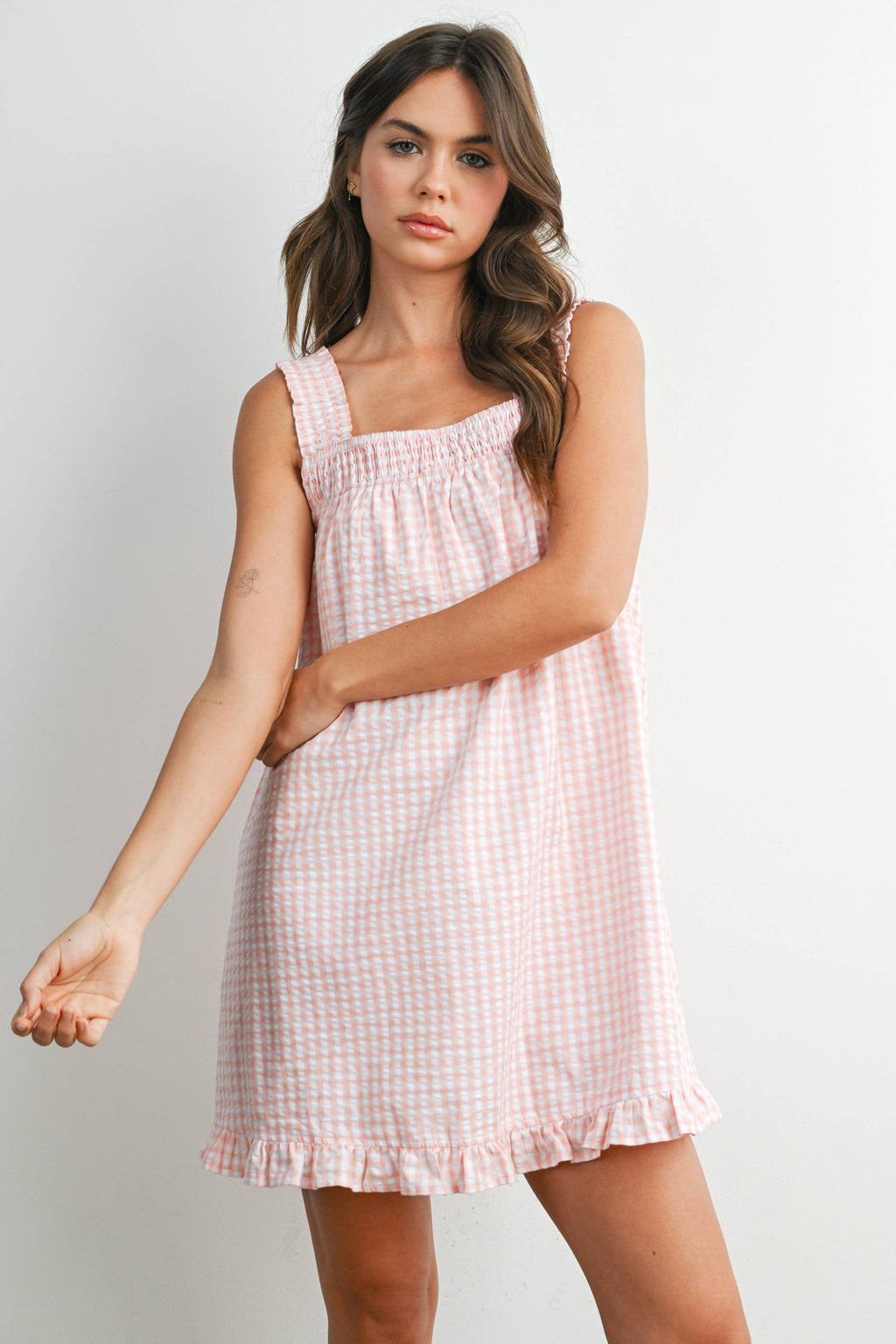 Back-Tie Smocked Yoke Ruffle Hem Dress