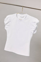 CREW NECK BUBBLE HEM CAP SHORT SLEEVE TOP: OFF WHITE