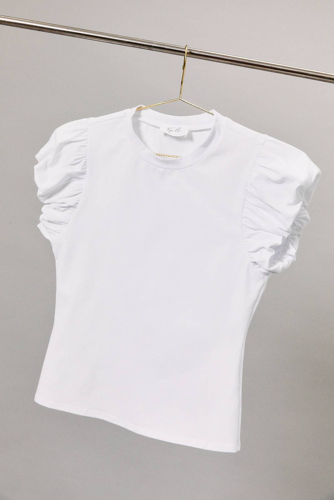 CREW NECK BUBBLE HEM CAP SHORT SLEEVE TOP: OFF WHITE