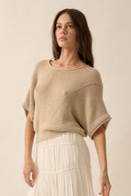 Short-Sleeve Pointelle Ribbed Knit Sweater: Oatmeal