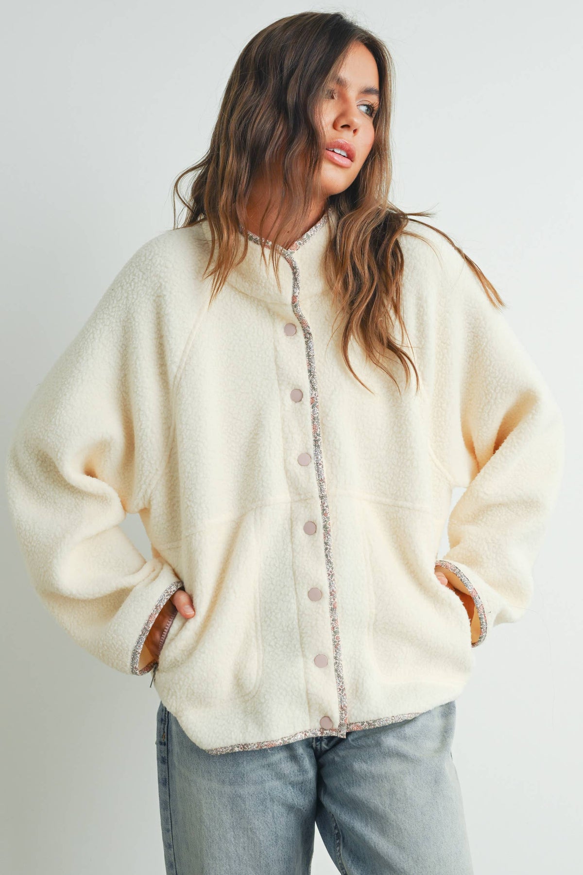 Fall Cozy Snap Mock Neck Sherpa Fleece Jacket - BMJ7547: IVORY / MULTI