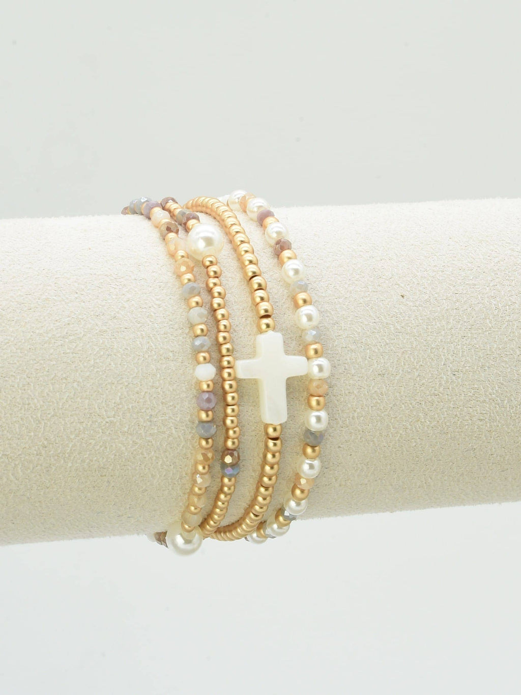 CB2349 4 Piece Glass, Pearl, Cross Bracelet Set: Red