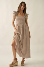 Gingham Plaid Smock Square-Neck Ruffled Maxi Dress: Brown