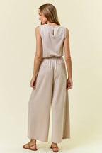 V NECK BRUSHED MODAL WIDE CULOTTE LEG JUMPSUIT - 28087R: OAT
