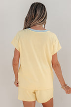 Soft Ribbed Color Block Trim Casual Short Set