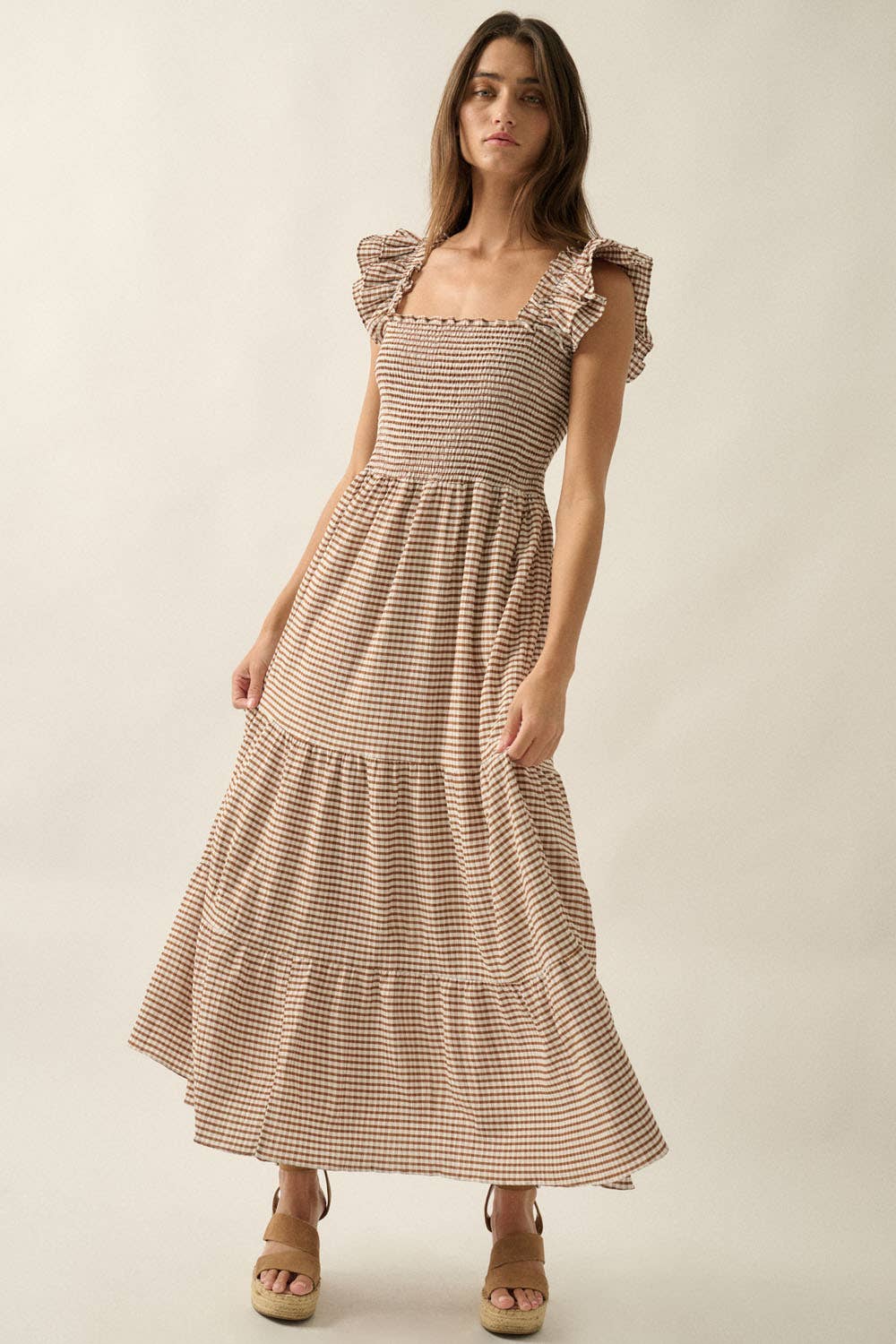 Gingham Plaid Smock Square-Neck Ruffled Maxi Dress: Brown