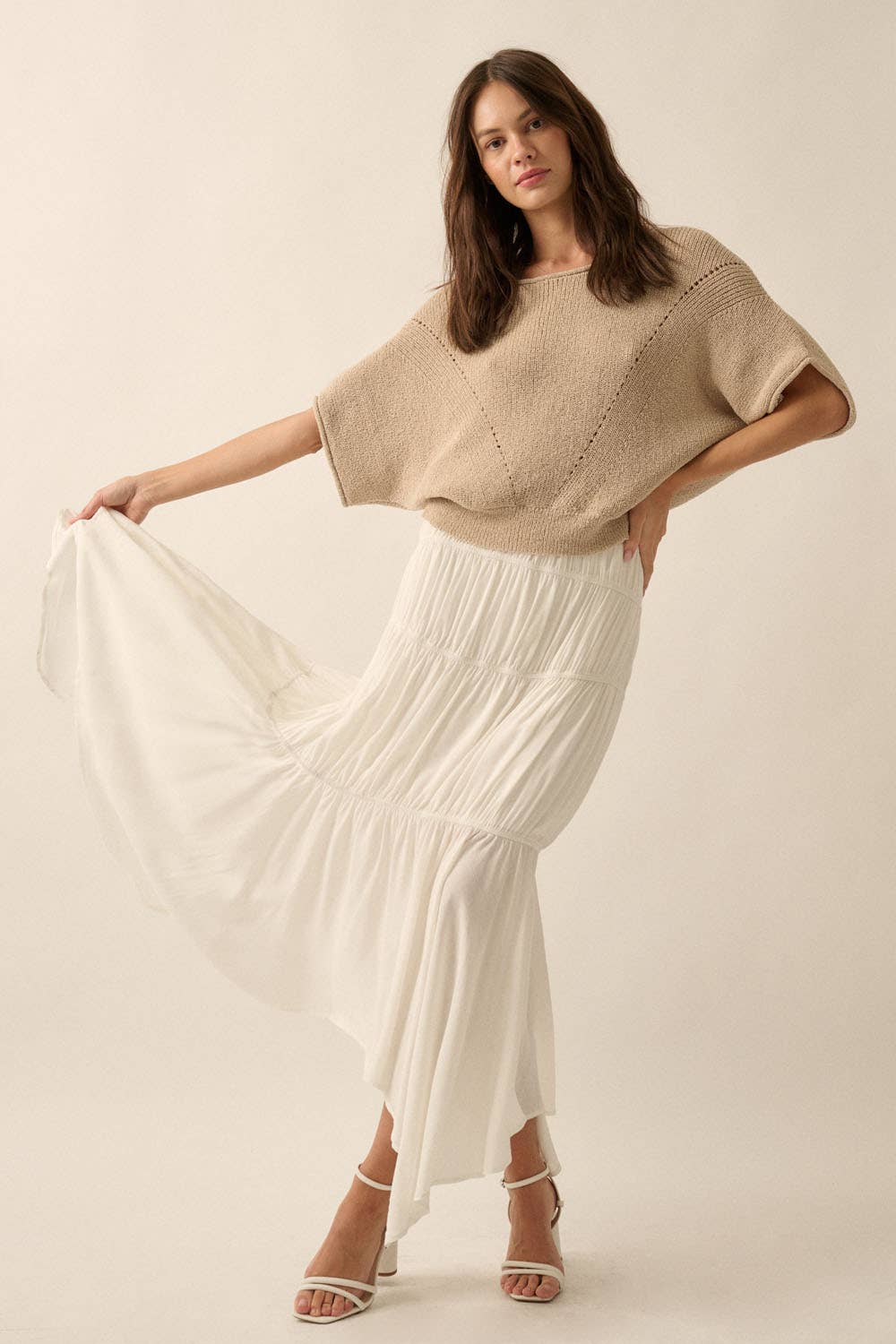 Short-Sleeve Pointelle Ribbed Knit Sweater: Oatmeal
