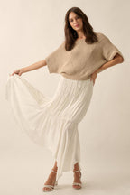 Short-Sleeve Pointelle Ribbed Knit Sweater: Oatmeal