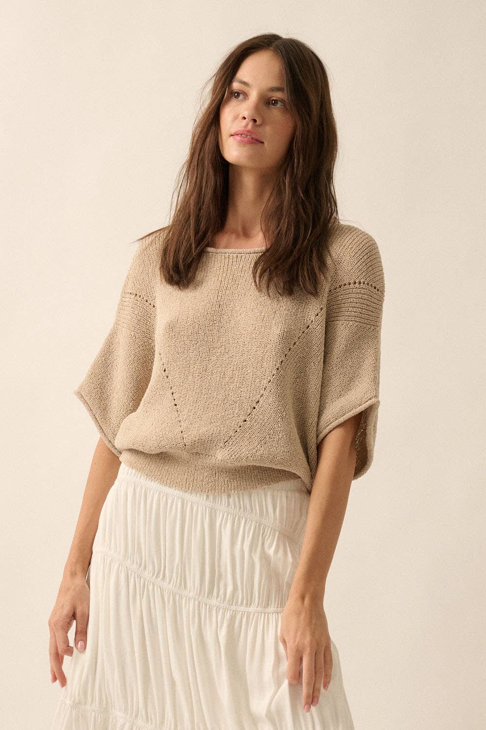 Short-Sleeve Pointelle Ribbed Knit Sweater: Oatmeal
