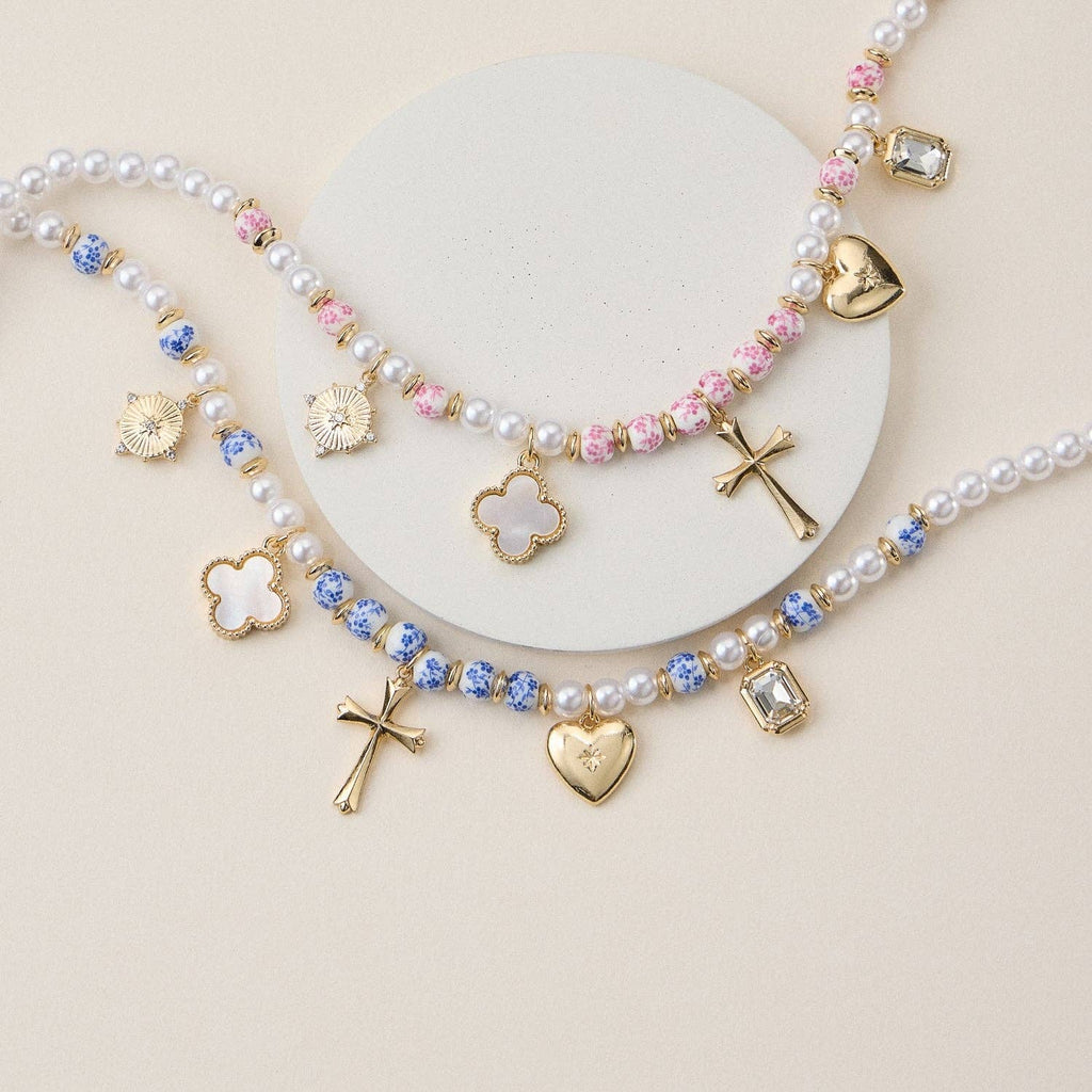 Faith & Love Pearl Ceramic Mixed Necklace: Pink / One / M-5SN11068