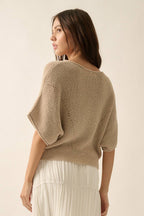 Short-Sleeve Pointelle Ribbed Knit Sweater: Oatmeal