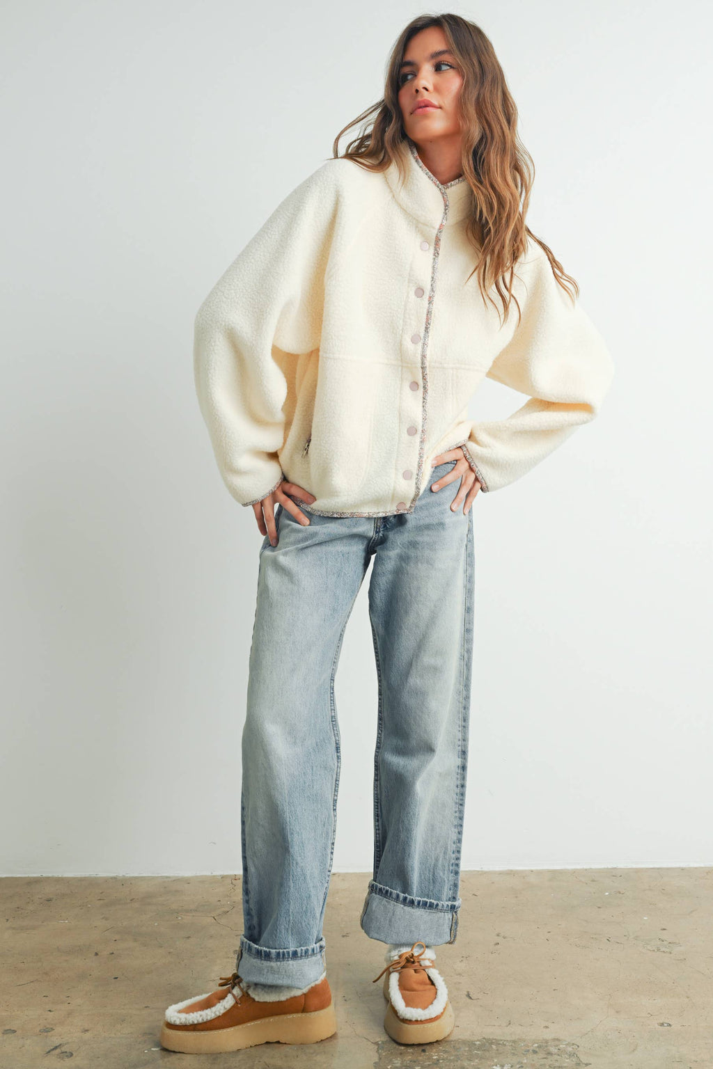 Fall Cozy Snap Mock Neck Sherpa Fleece Jacket - BMJ7547: IVORY / MULTI