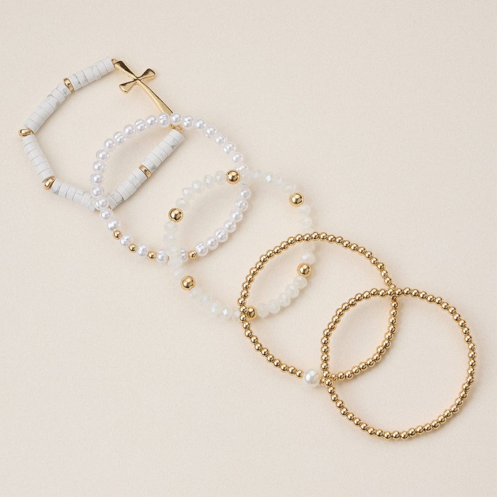 Faith & Cross & Pearl Stretch Bracelet Stack Set