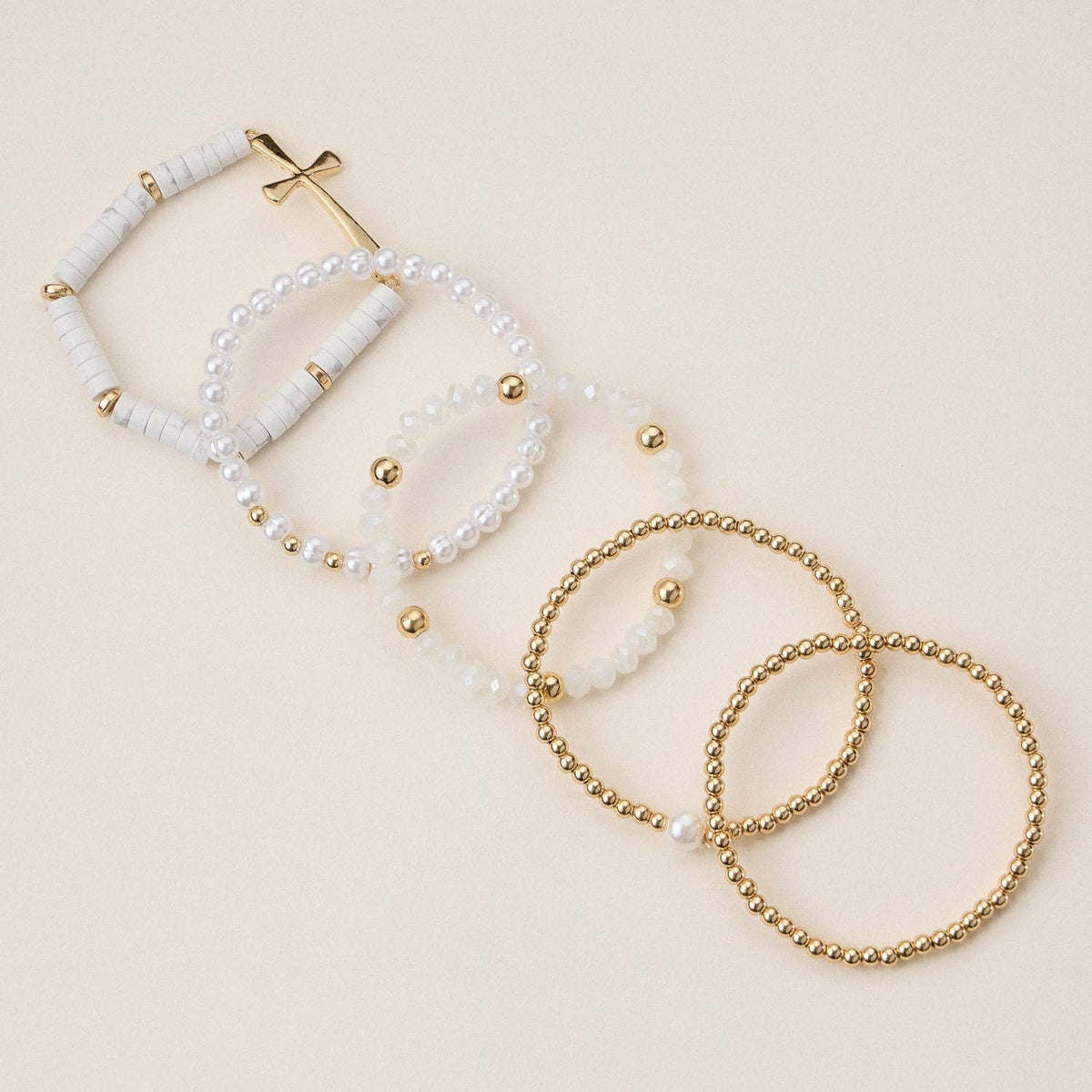Faith & Cross & Pearl Stretch Bracelet Stack Set