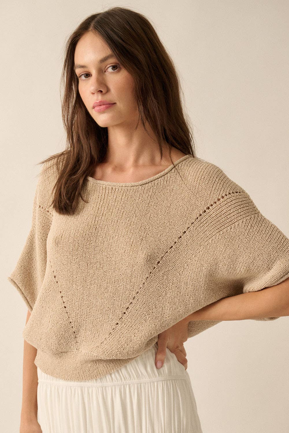 Short-Sleeve Pointelle Ribbed Knit Sweater: Oatmeal