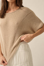 Short-Sleeve Pointelle Ribbed Knit Sweater: Oatmeal